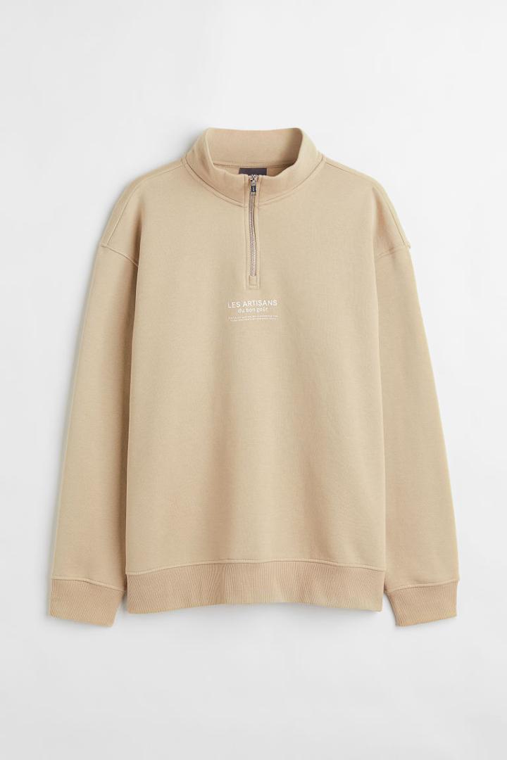 H & M - Relaxed Fit Half-zip Sweatshirt - Beige