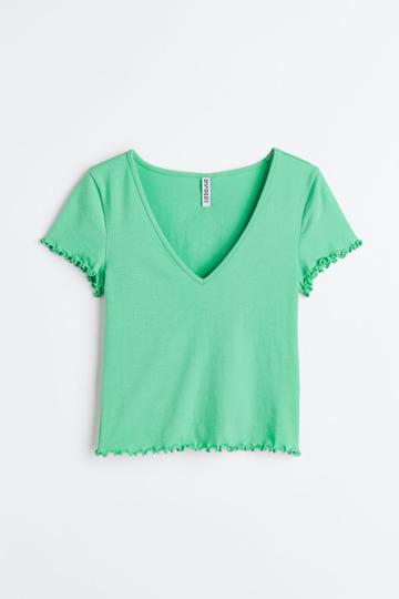 H & M - V-neck Cropped Top - Green