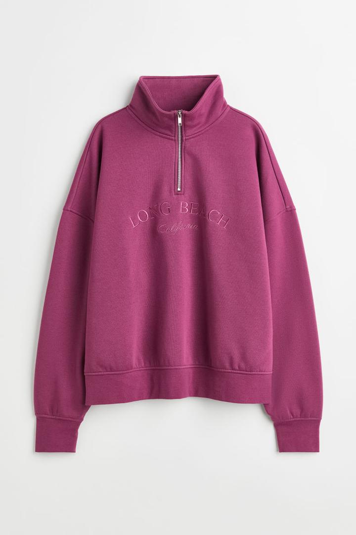 H & M - Oversized Half-zip Sweatshirt - Pink