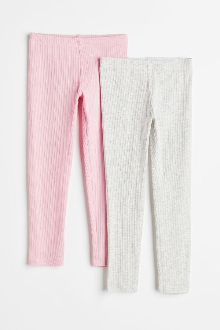 H & M - 2-pack Ribbed Leggings - Gray