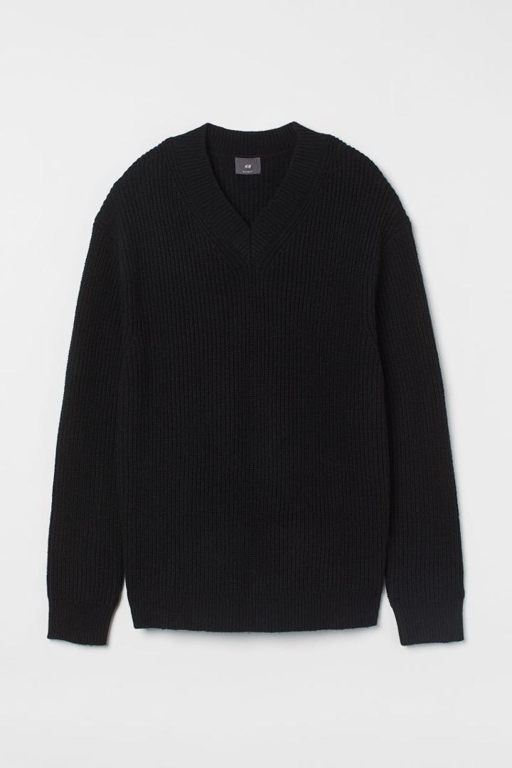 H & M - Relaxed Fit Rib-knit Sweater - Black