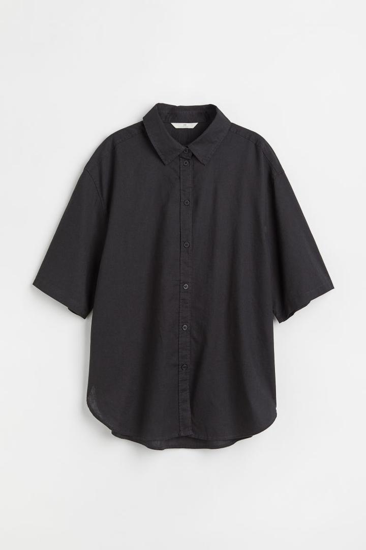 H & M - Short-sleeved Linen-blend Shirt - Black