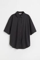 H & M - Short-sleeved Linen-blend Shirt - Black