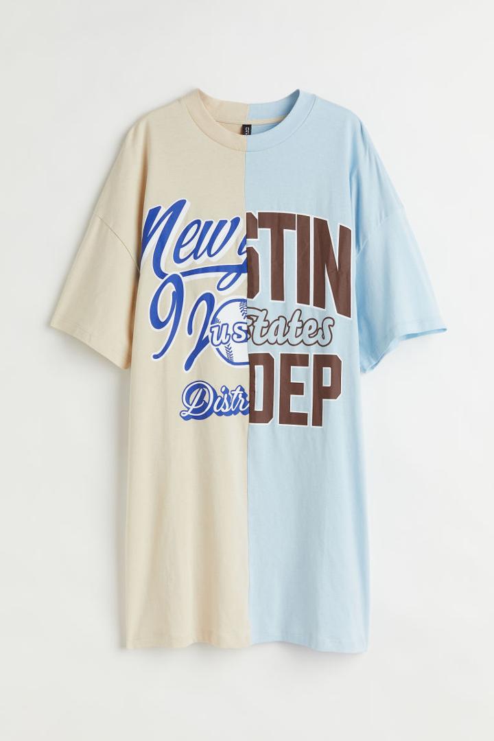 H & M - Oversized Printed T-shirt Dress - Blue