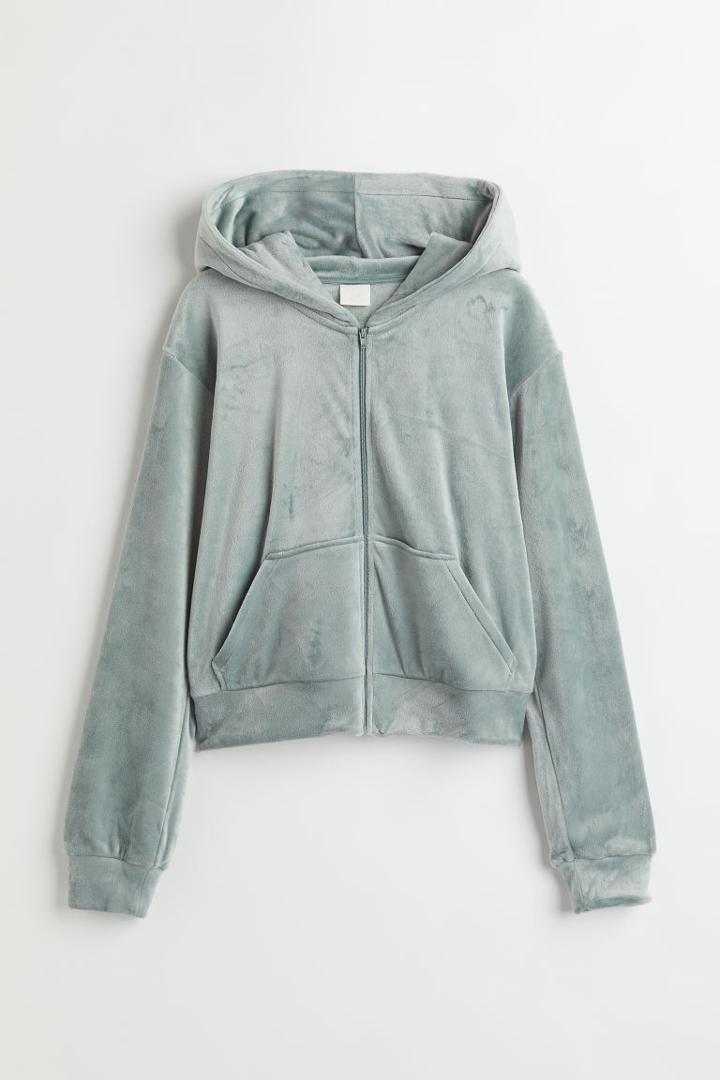 H & M - Velour Hooded Jacket - Green