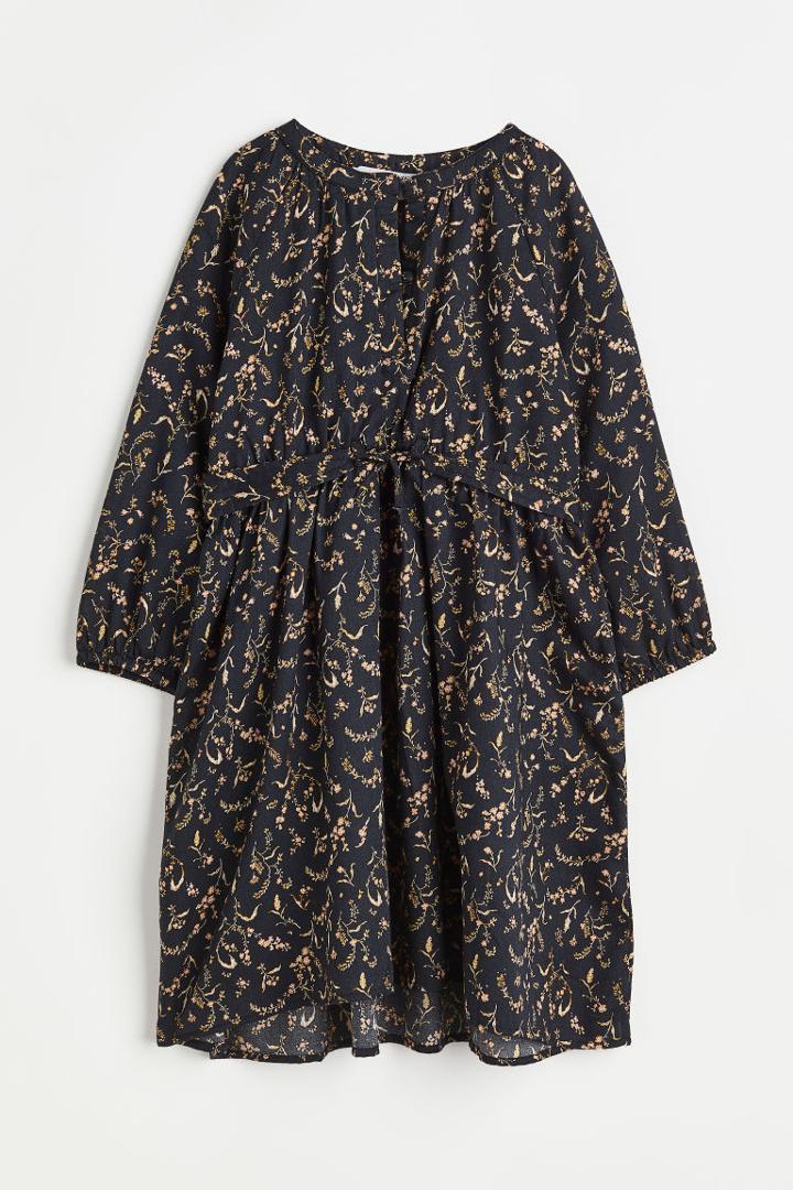 H & M - Balloon-sleeved Tie-belt Dress - Black