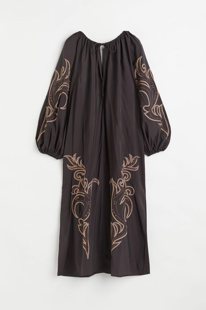 H & M - Balloon-sleeved Embroidered Dress - Black