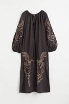 H & M - Balloon-sleeved Embroidered Dress - Black