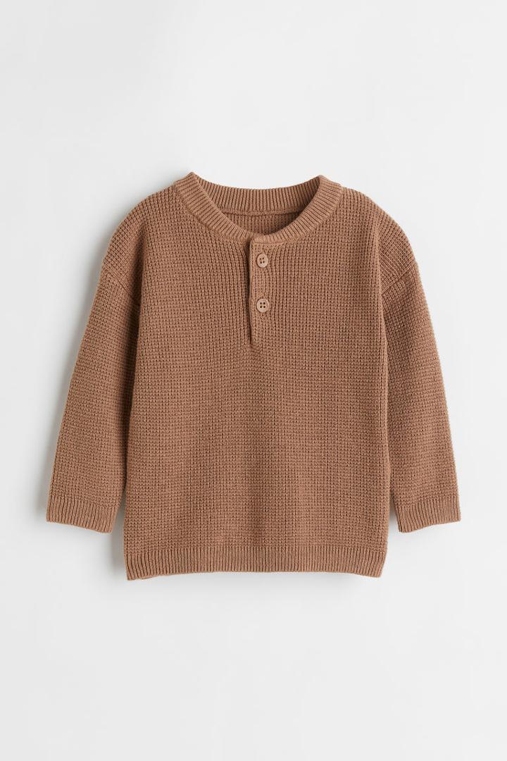 H & M - Waffle-knit Henley Shirt - Beige
