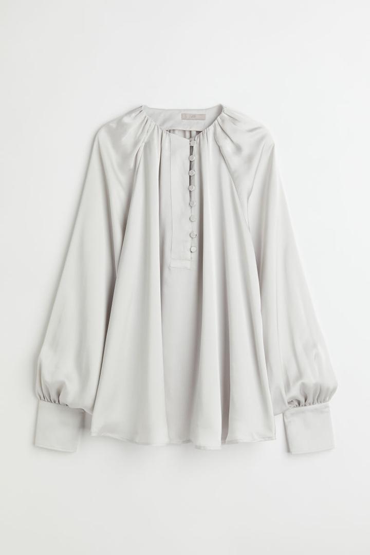 H & M - Balloon-sleeved Satin Blouse - Beige