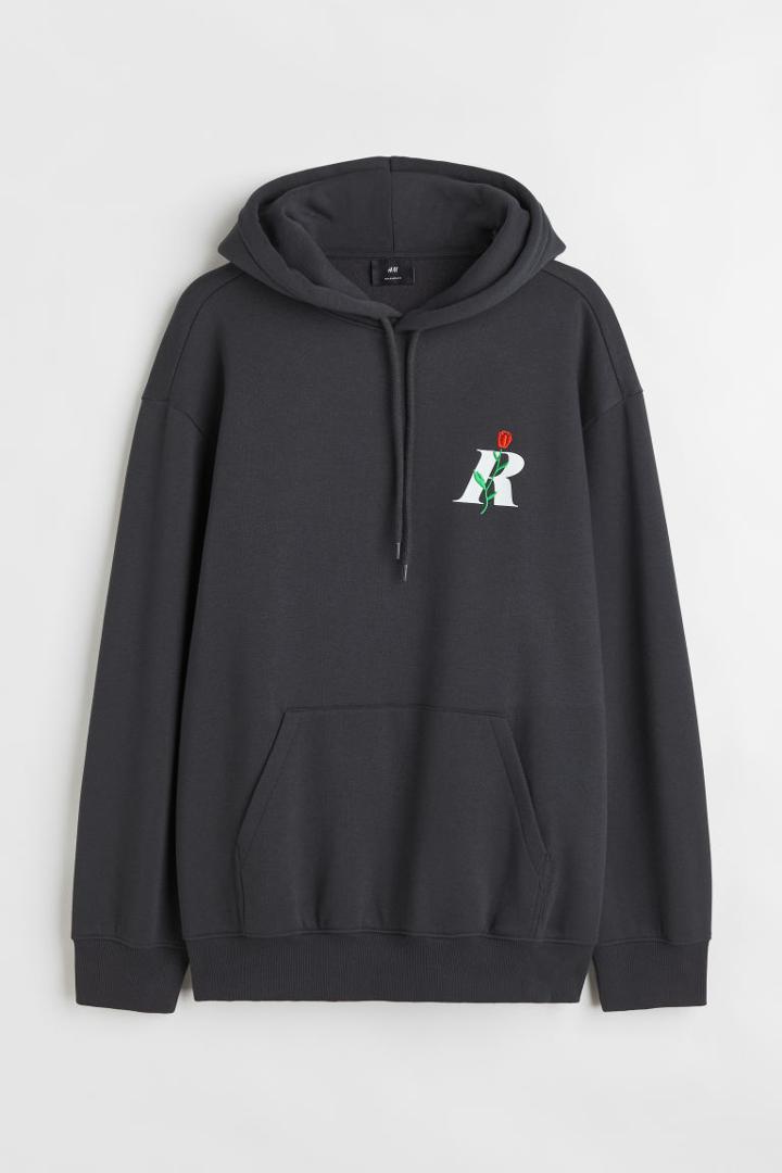 H & M - Relaxed Fit Printed Hoodie - Gray