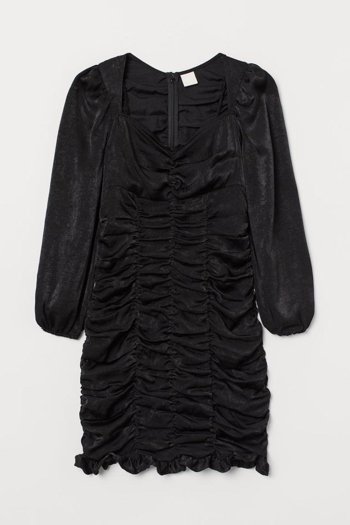 H & M - Gathered Satin Dress - Black