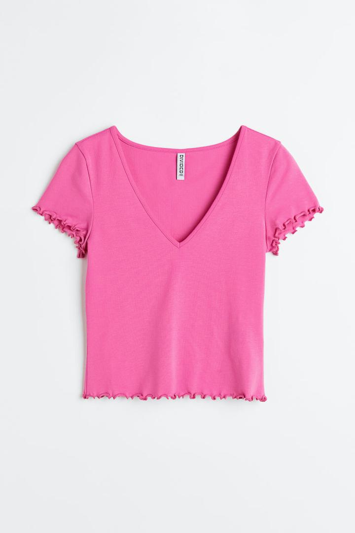 H & M - V-neck Cropped Top - Pink
