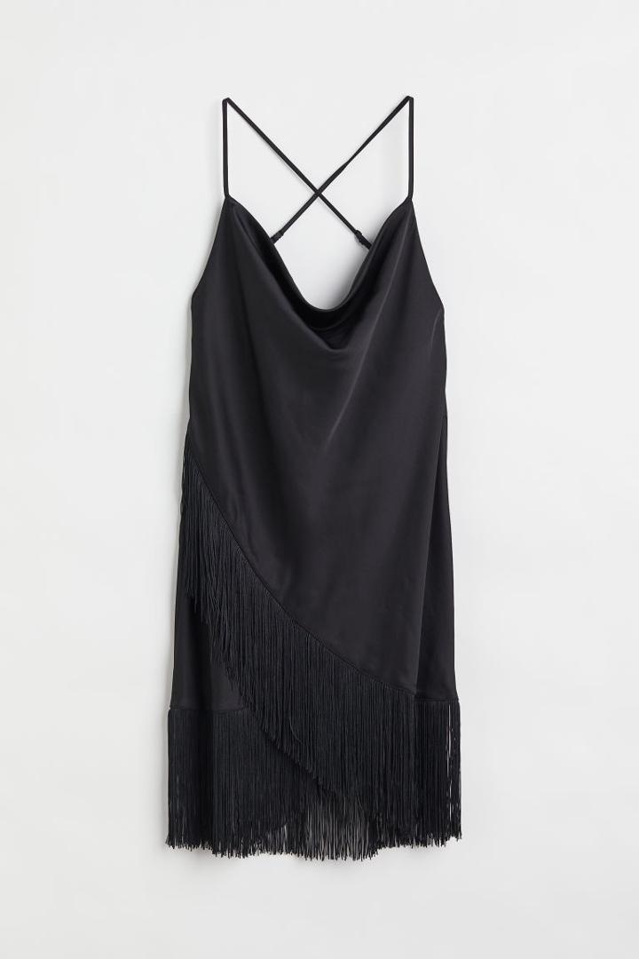 H & M - Fringed Satin Dress - Black
