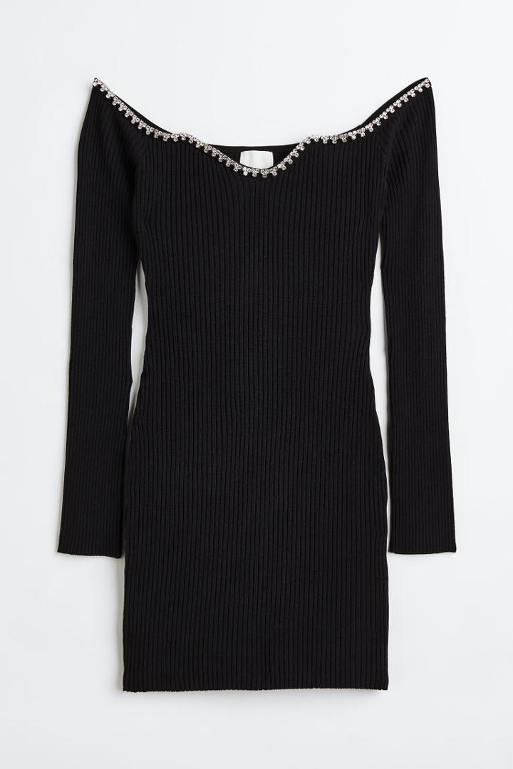 H & M - Rhinestone-trimmed Dress - Black