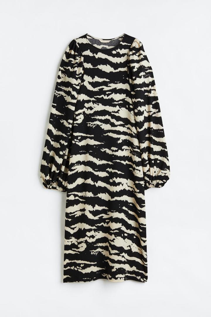 H & M - Patterned Balloon-sleeved Dress - Black