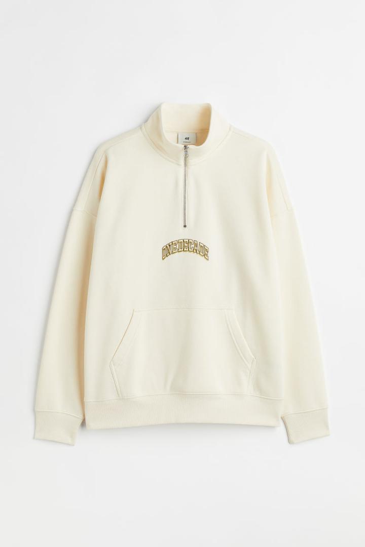 H & M - Oversized Fit Half-zip Sweatshirt - White