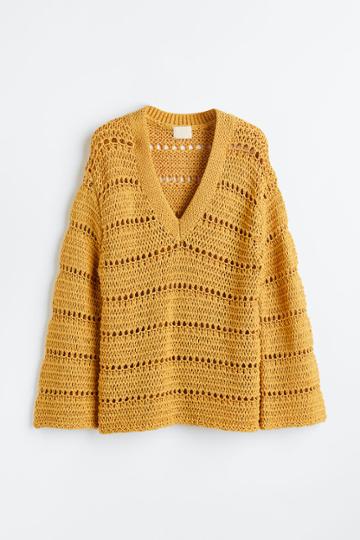 H & M - Oversized Hole-knit Sweater - Yellow
