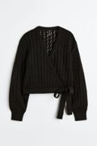 H & M - Hole-knit Wrapover Cardigan - Black