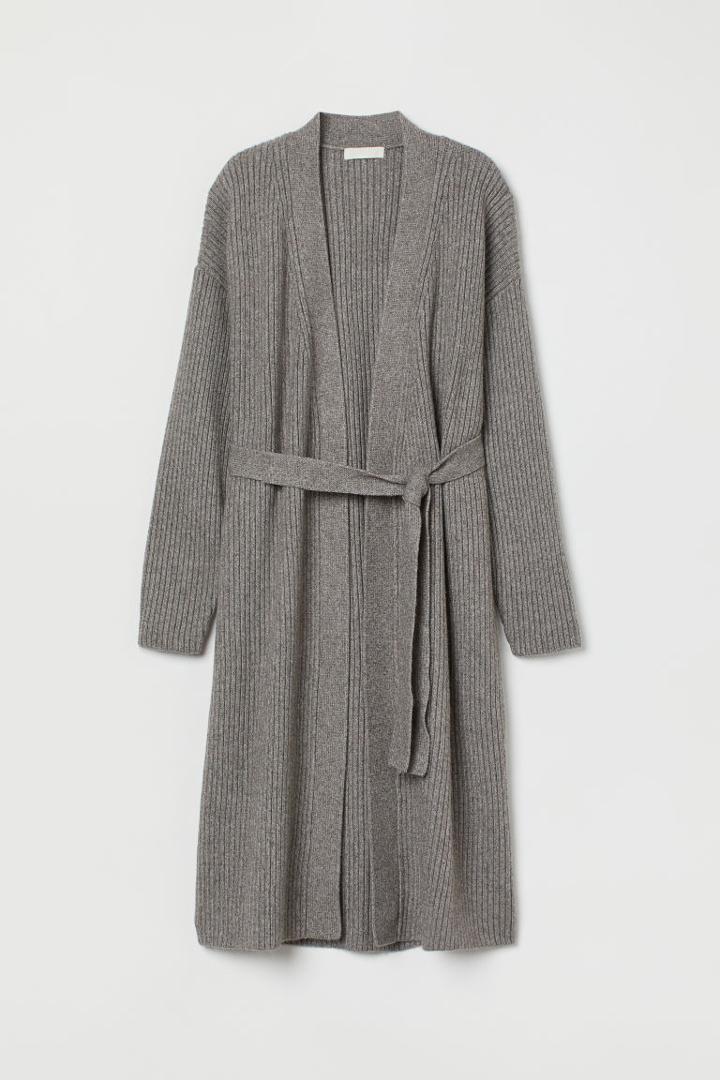 H & M - Long Cardigan With Tie Belt - Gray