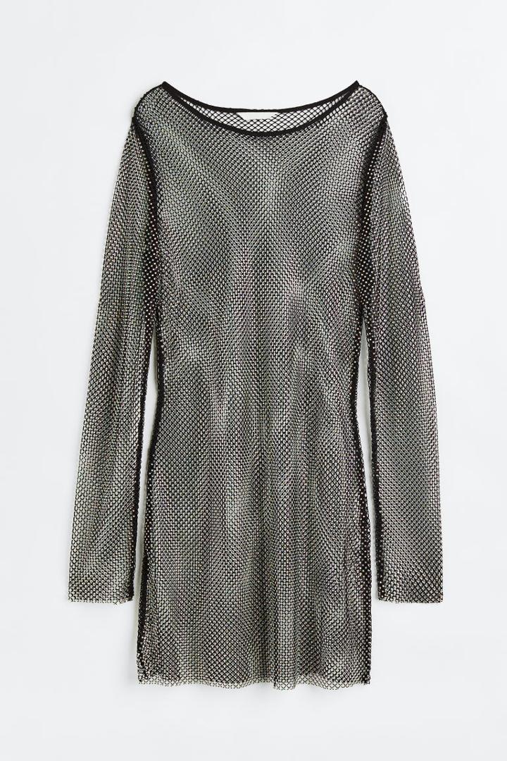 H & M - Rhinestone-embellished Fishnet Dress - Black
