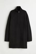 H & M - Half-zip Rib-knit Dress - Black