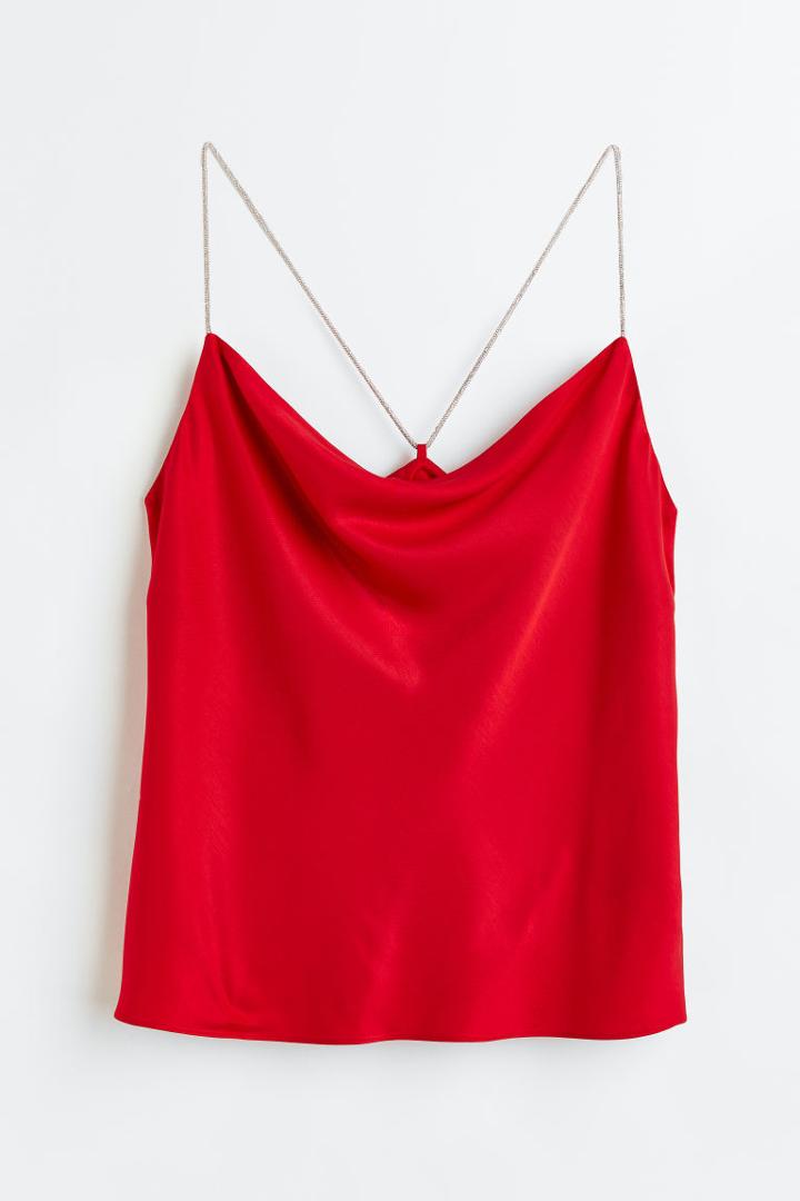 H & M - Rhinestone-strap Satin Camisole Top - Red