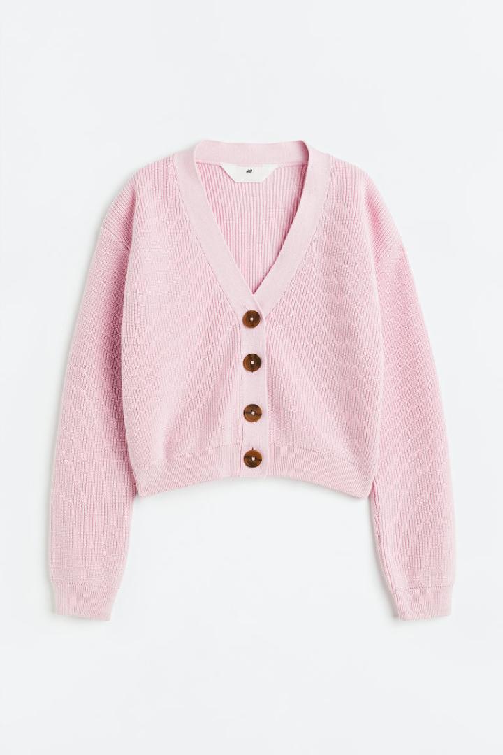 H & M - Rib-knit Cotton Cardigan - Pink