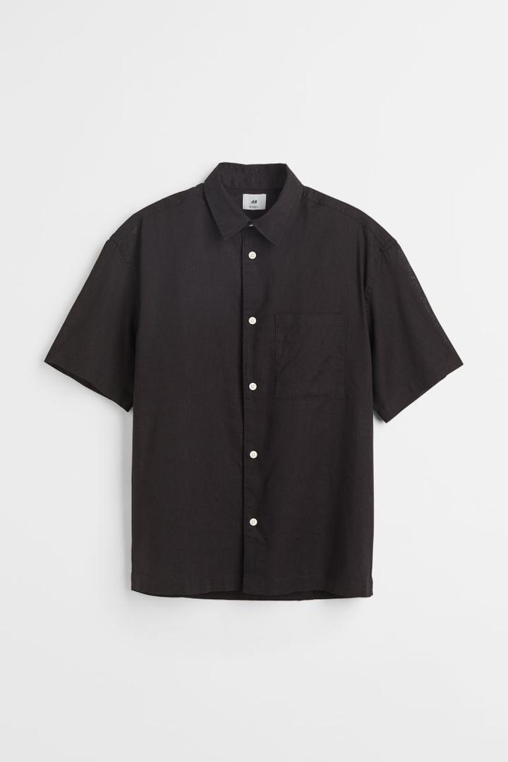 H & M - Relaxed Fit Short-sleeved Linen-blend Shirt - Black