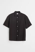 H & M - Relaxed Fit Short-sleeved Linen-blend Shirt - Black