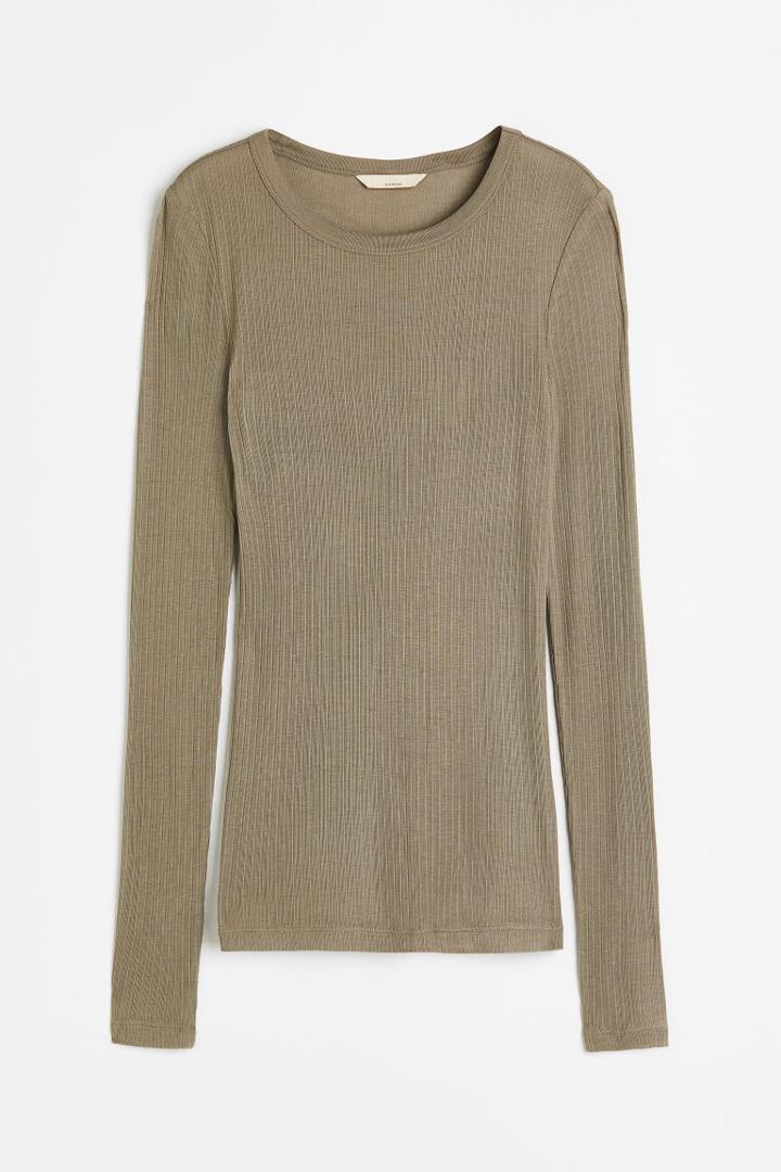 H & M - Ribbed Silk-blend Top - Green