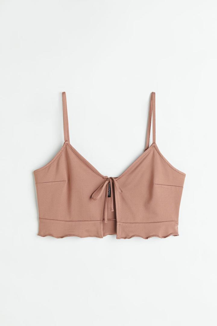 H & M - Tie-front Peplum Crop Top - Beige