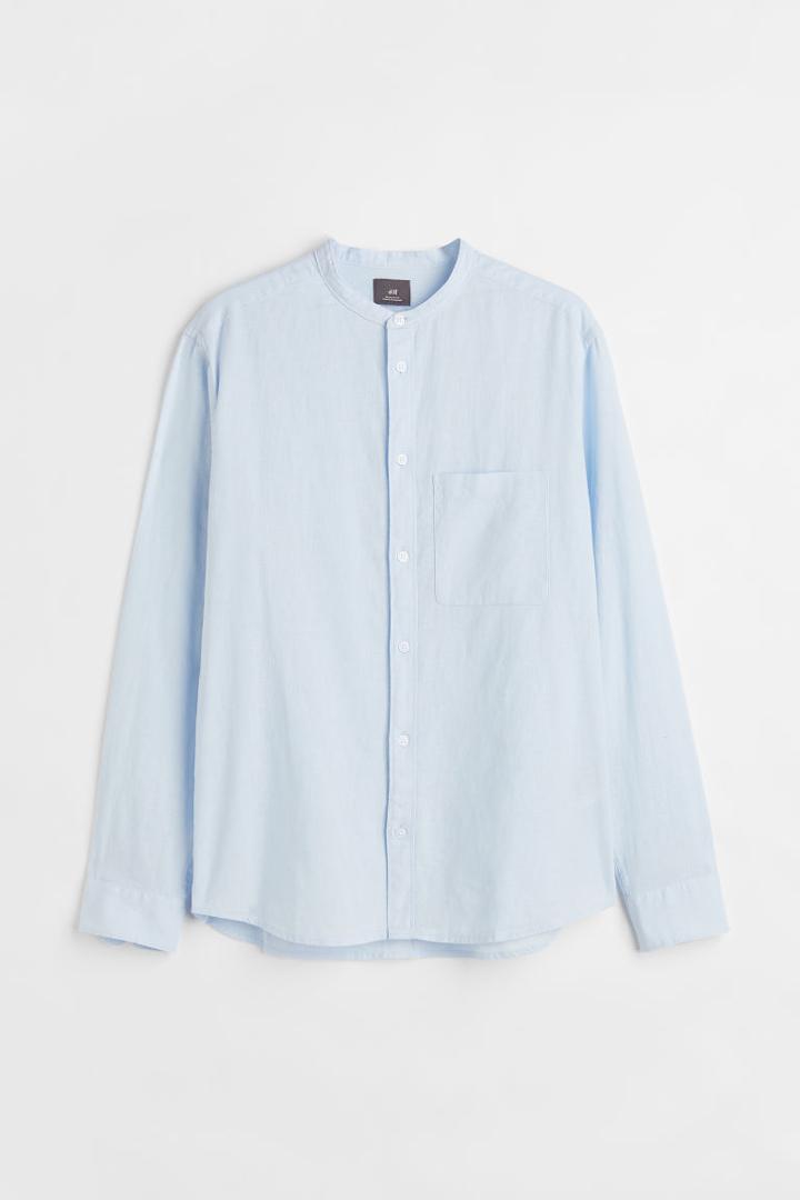 H & M - Linen-blend Band-collar Shirt - Blue