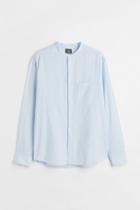 H & M - Linen-blend Band-collar Shirt - Blue