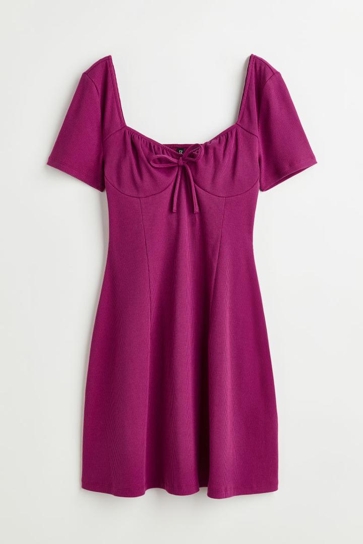 H & M - Tie-detail Ribbed Dress - Pink