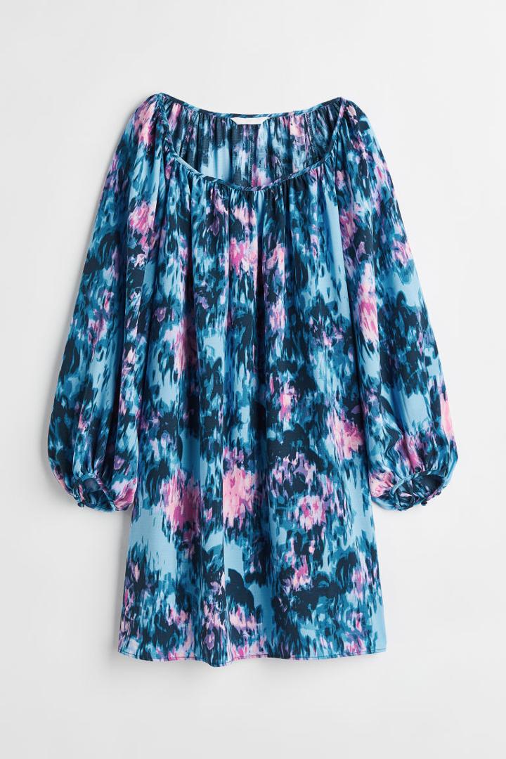 H & M - Balloon-sleeved Crped Dress - Blue