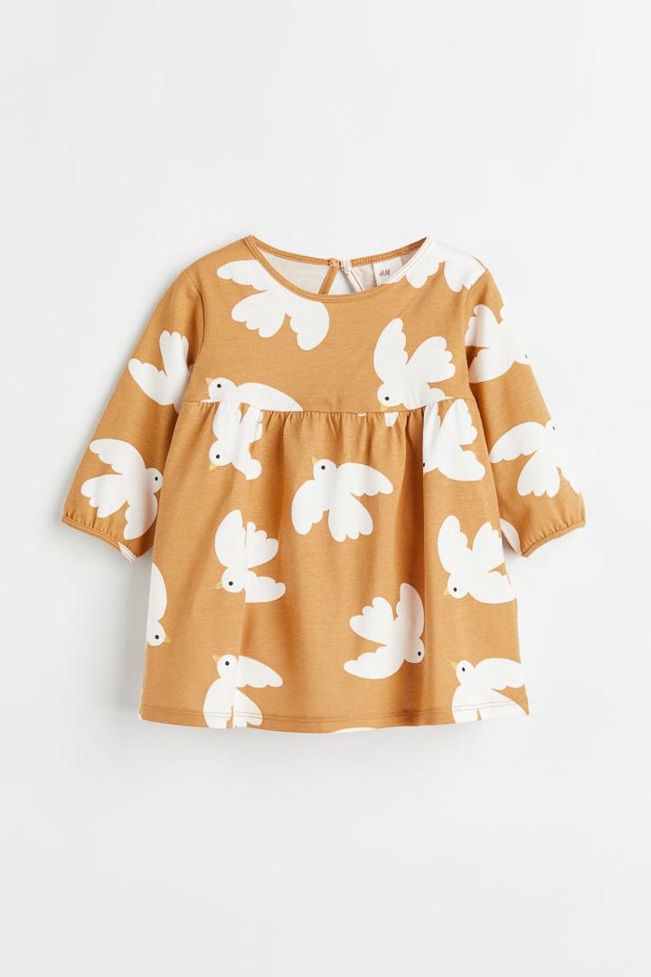H & M - Patterned Cotton Jersey Dress - Yellow