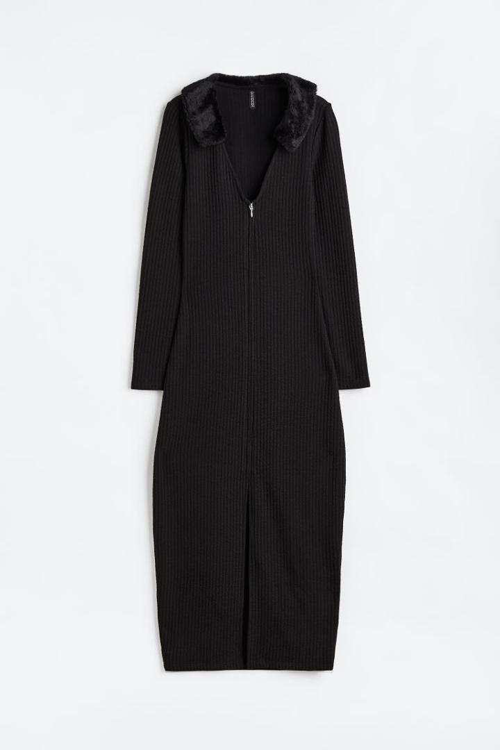 H & M - Zip-front Ribbed Dress - Black