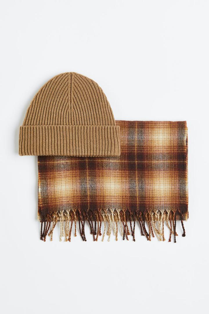 H & M - 2-piece Hat And Scarf Set - Beige