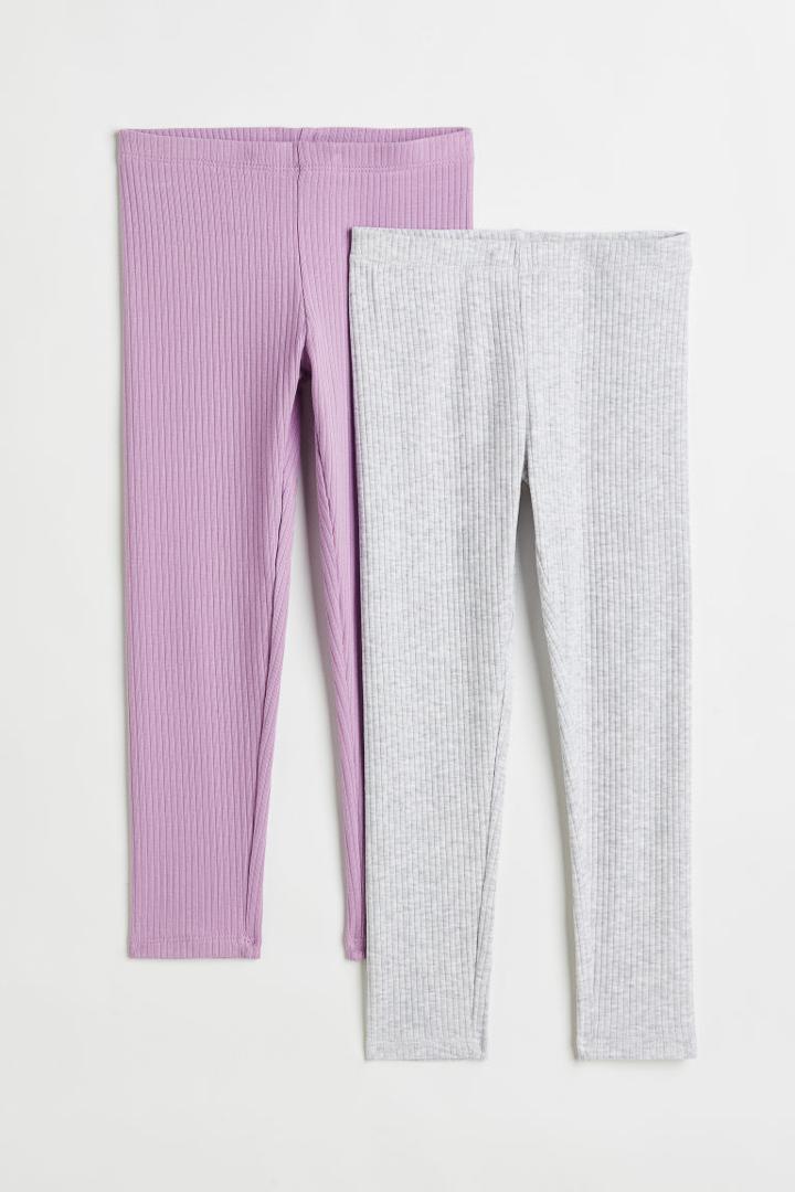 H & M - 2-pack Ribbed Leggings - Purple