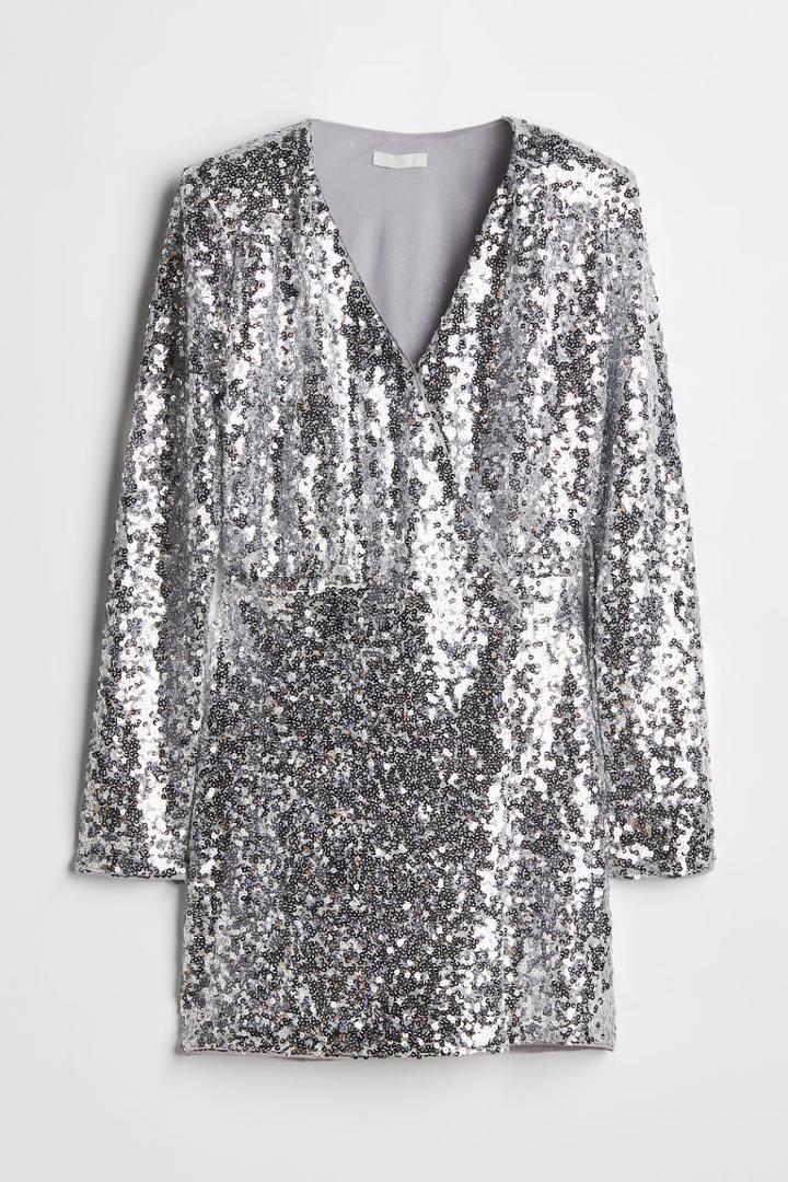 H & M - Sequined Wrap Dress - Beige