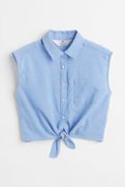 H & M - Tie-hem Cotton Blouse - Blue
