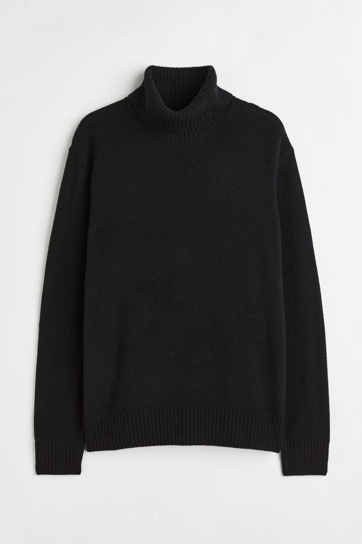 H & M - Relaxed Fit Wool Turtleneck Sweater - Black