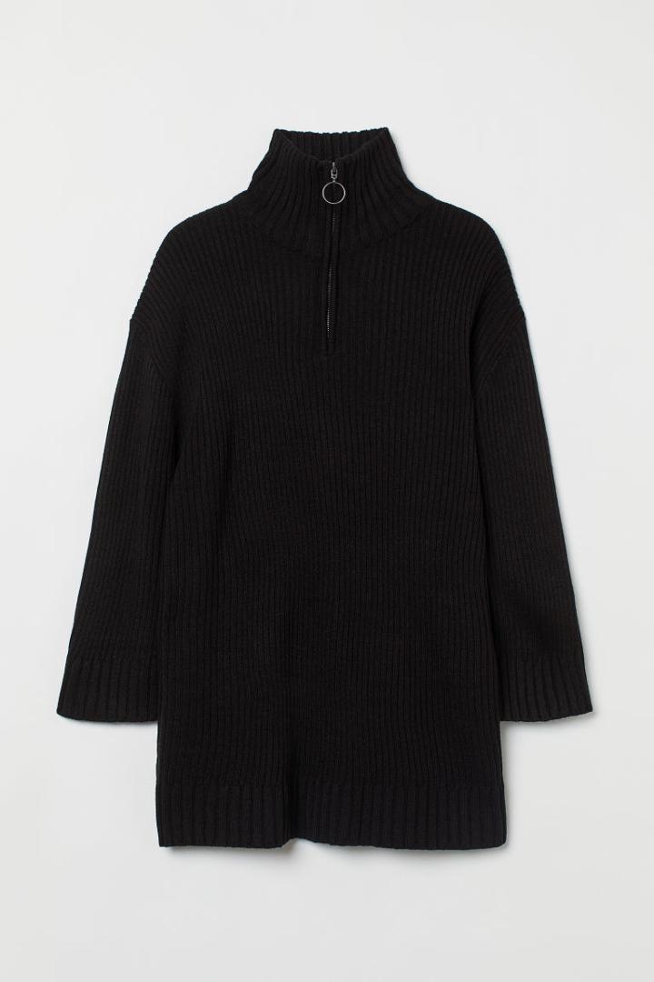 H & M - H & M+ Rib-knit Half-zip Sweater - Black
