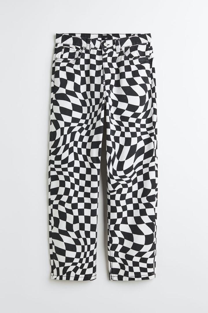 H & M - Loose Fit Patterned Twill Pants - Black