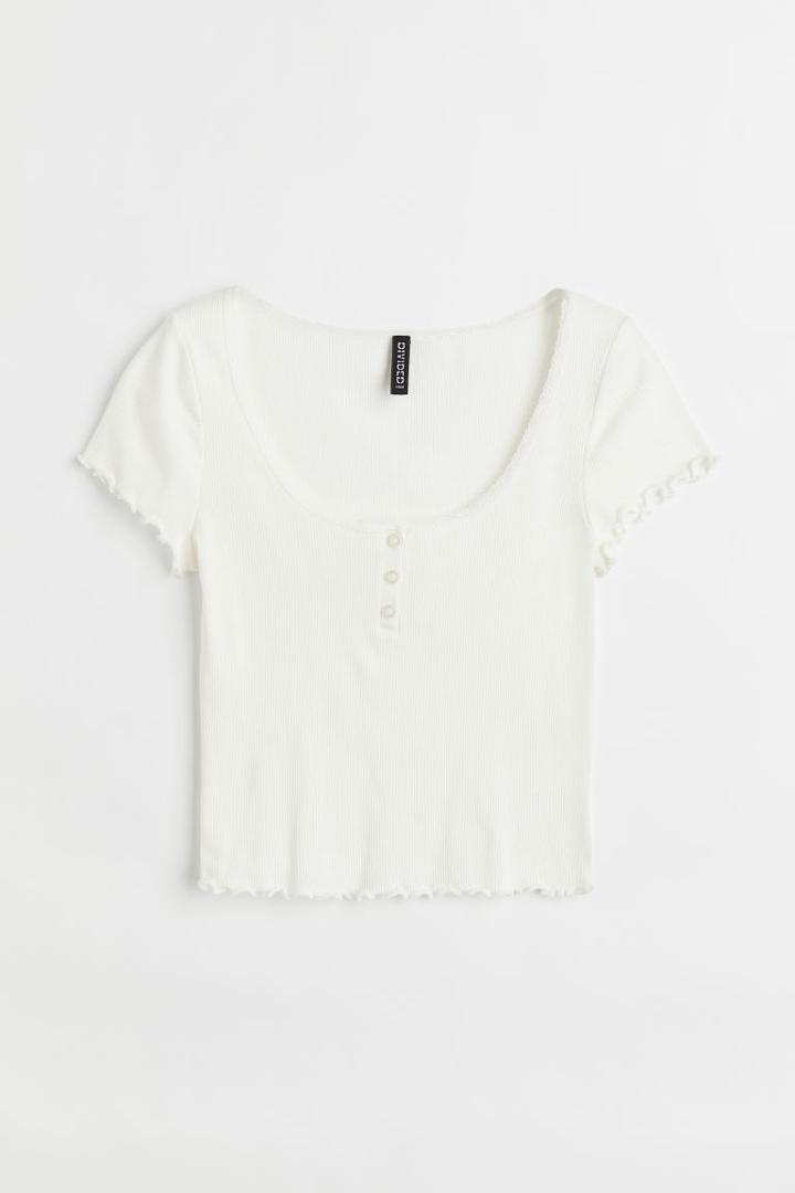 H & M - Ribbed Button-placket Top - White