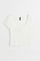H & M - Ribbed Button-placket Top - White
