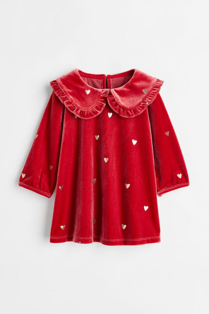 H & M - Collared Velour Dress - Red