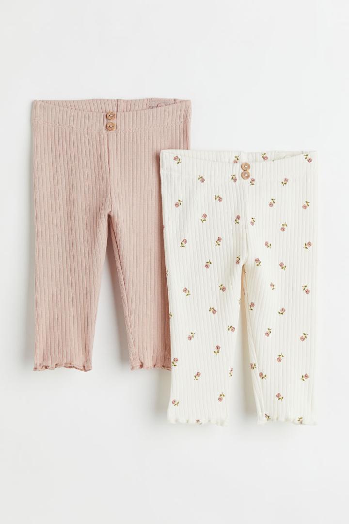H & M - 2-pack Ribbed Leggings - White