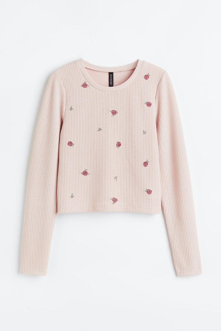 H & M - Embroidered Ribbed Top - Pink